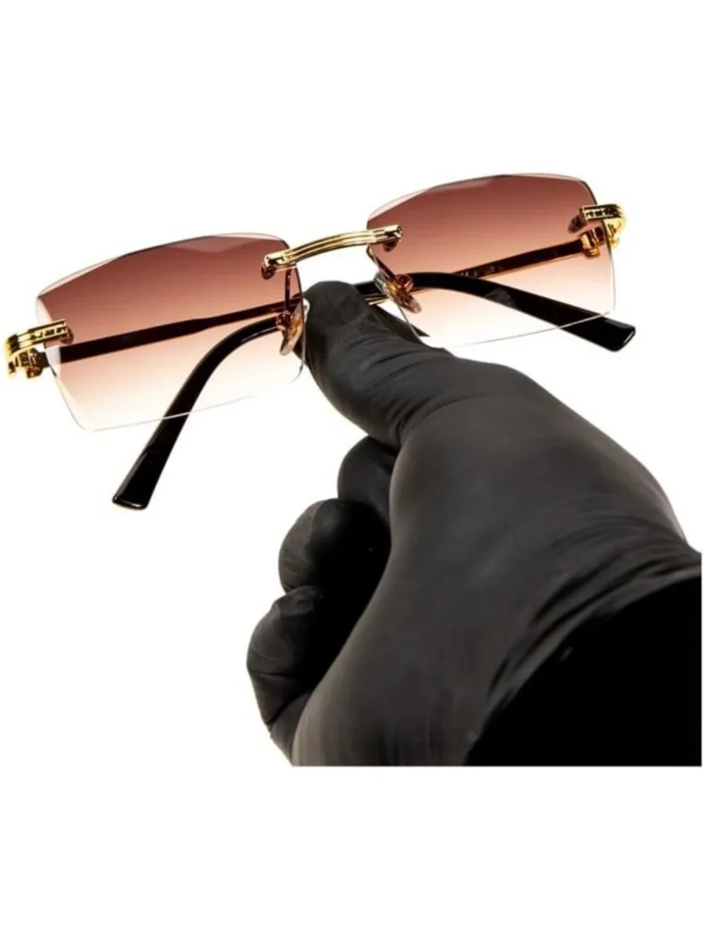 Trendy Retro 90's Rimless Square Sunglasses - Gold Frame, Brown Gradient Tint